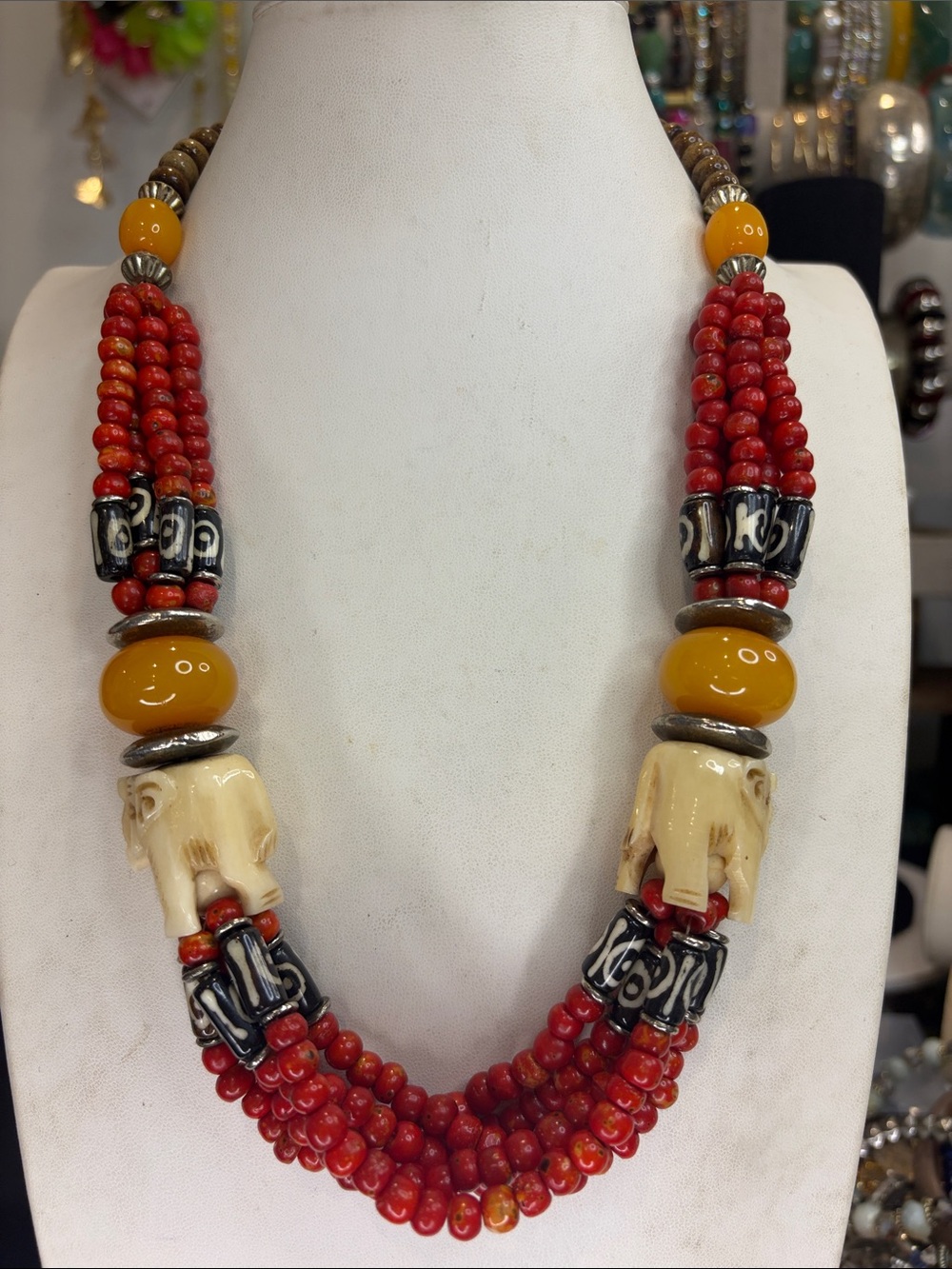 Handcrafted Necklace with Ivory Elephant Accents and Glass stones
